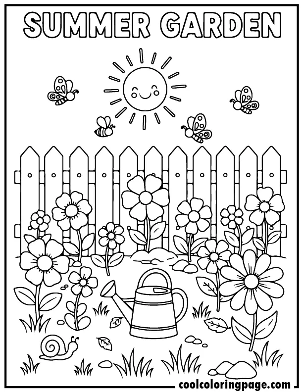 Free printable summer coloring pages garden with flowers butterflies and sun, free printable summer coloring pages for kids and summer coloring pages easy nature theme