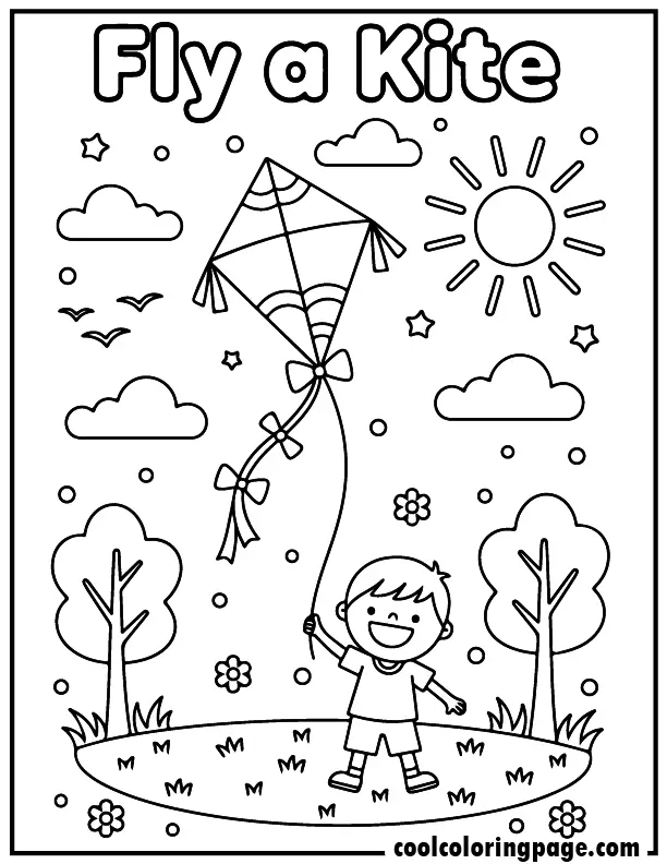 Free printable summer coloring pages kite flying scene with sky and trees, free printable summer coloring pages for toddlers and free printable summer coloring pages pdf