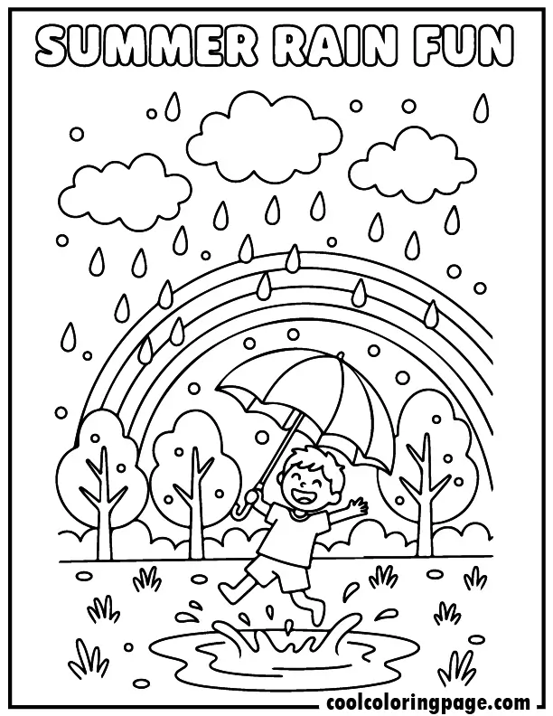 Free printable summer coloring pages summer rain scene with umbrella and puddles, free printable summer coloring pages for kids and summer coloring pages easy design