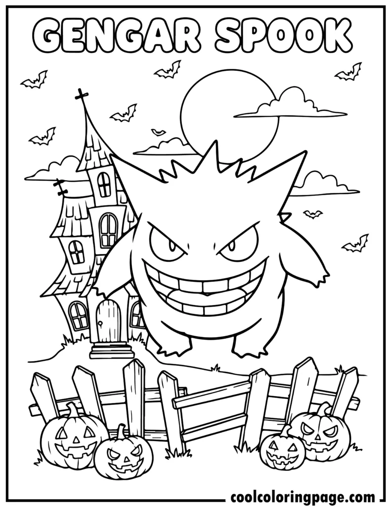 Free pokemon coloring pages showing Gengar in a haunted scene, Free pokemon coloring pages printable, Pokemon coloring pages PDF, Pokemon Card Coloring pages, and Free coloring pages.