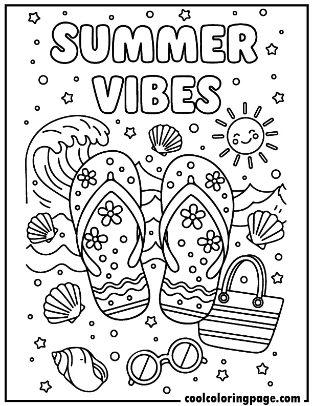 Free printable summer coloring pages flip flops with beach accessories, free printable summer coloring pages for adults and free printable summer coloring pages for kids pdf