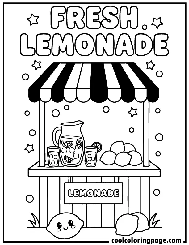 Free printable summer coloring pages lemonade stand with lemons and drinks, free printable summer coloring pages for toddlers and free printable summer coloring pages pdf