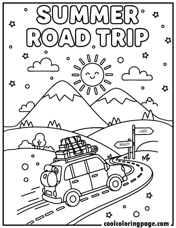 Free printable summer coloring pages summer road trip with car and luggage, free printable summer coloring pages for kids and summer coloring pages for adults