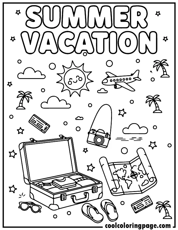 Free printable summer coloring pages vacation travel with suitcase and airplane, free printable summer coloring pages for adults and free printable summer coloring pages for kids